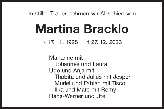 Traueranzeige von Martina Bracklo von Ostfriesischer Kurier
