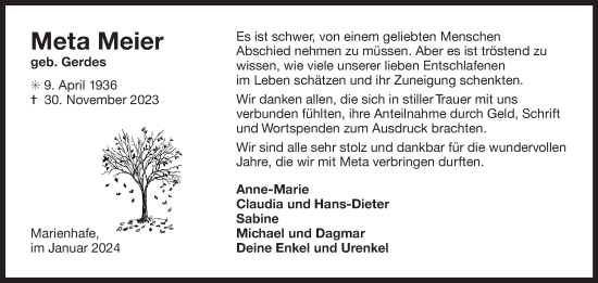 Traueranzeige von Meta Meier von Ostfriesischer Kurier