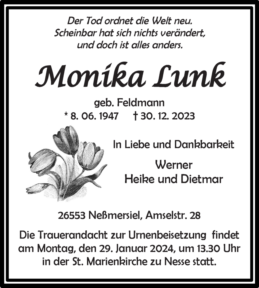  Traueranzeige für Monika Lunk vom 25.01.2024 aus Ostfriesischer Kurier