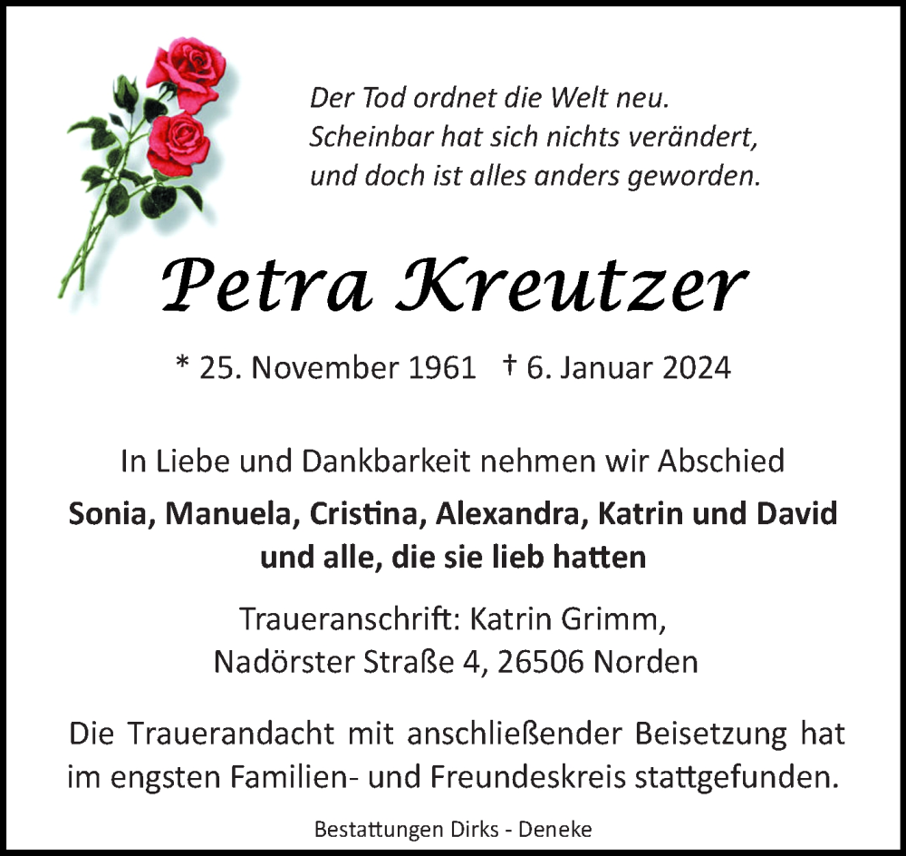  Traueranzeige für Petra Kreutzer vom 17.01.2024 aus Ostfriesischer Kurier