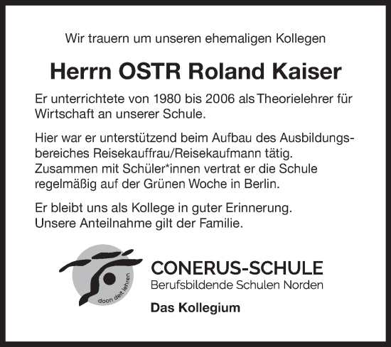 Traueranzeige von Roland Kaiser von Ostfriesischer Kurier