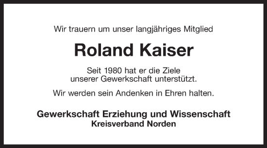 Traueranzeige von Roland Kaiser von Ostfriesischer Kurier