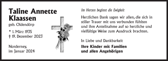 Traueranzeige von Taline Annette Klaassen von Ostfriesischer Kurier