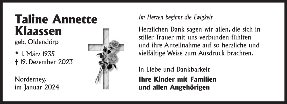  Traueranzeige für Taline Annette Klaassen vom 27.01.2024 aus Ostfriesischer Kurier