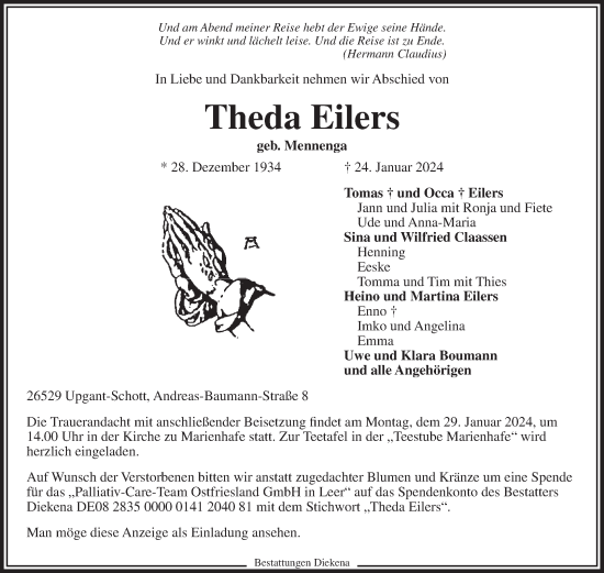 Traueranzeige von Theda Eilers von Ostfriesischer Kurier