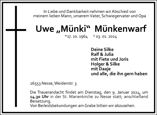 Traueranzeige von Uwe Münkenwarf von Ostfriesischer Kurier