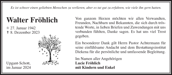 Traueranzeige von Walter Fröhlich von Ostfriesischer Kurier