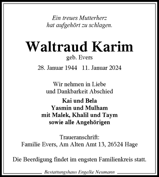 Traueranzeige von Waltraud Karim von Ostfriesischer Kurier