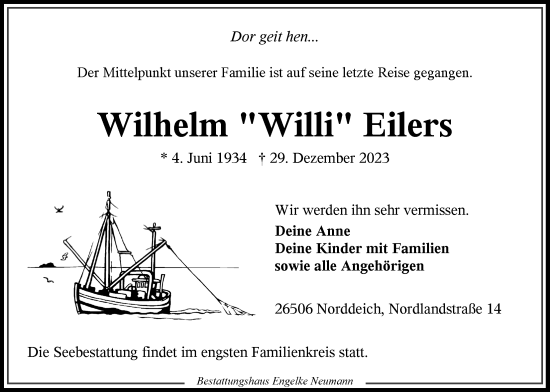 Traueranzeige von Wilhelm Eilers von Ostfriesischer Kurier