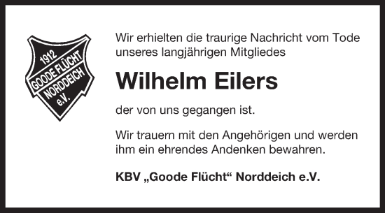 Traueranzeige von Wilhelm Eilers von Ostfriesischer Kurier