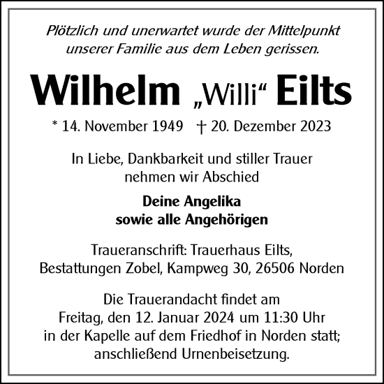 Traueranzeige von Wilhelm Eilts von Ostfriesischer Kurier