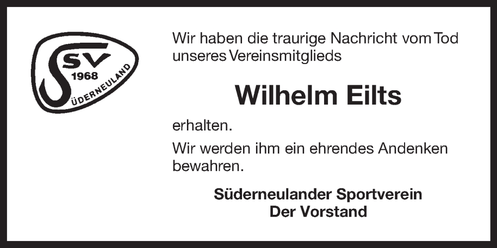  Traueranzeige für Wilhelm Eilts vom 09.01.2024 aus Ostfriesischer Kurier