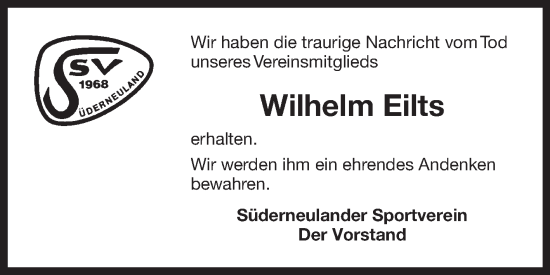 Traueranzeige von Wilhelm Eilts von Ostfriesischer Kurier