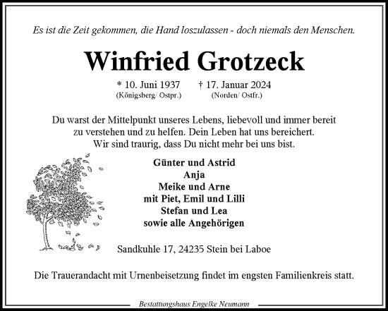 Traueranzeige von Winfried Grotzeck von Ostfriesischer Kurier
