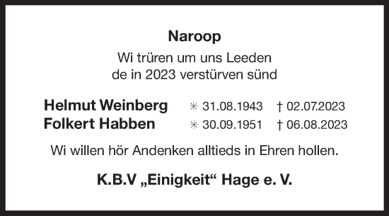 Traueranzeige von Wi trüren um uns Leeden de in 2023 verstürven sünd  von Ostfriesischer Kurier