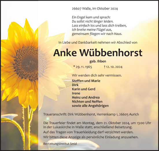 Traueranzeige von Anke Wübbenhorst von Ostfriesischer Kurier