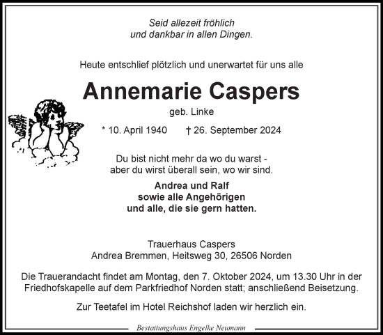 Traueranzeige von Annemarie Caspers von Ostfrisischer Kurier