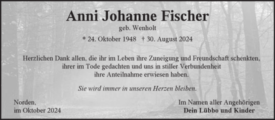Traueranzeige von Anni Fischer von Ostfriesischer Kurier