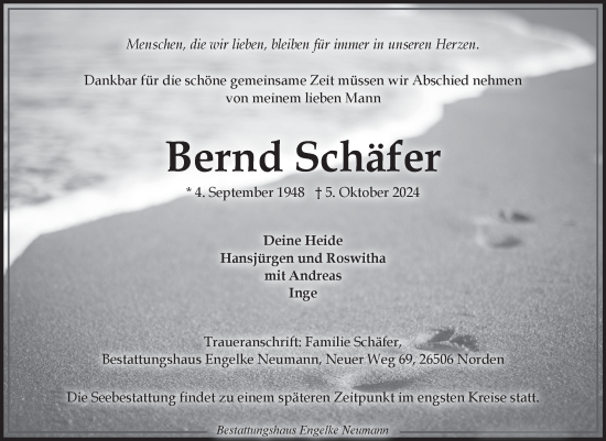 Traueranzeige von Bernd Schäfer von Ostfriesischer Kurier