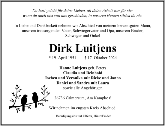 Traueranzeige von Dirk Luitjens von Ostfriesischer Kurier