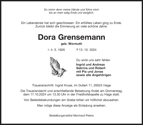 Traueranzeige von Dora Grensemann von Ostfriesischer Kurier