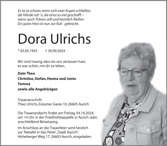 Traueranzeige von Dora Ulrichs von Ostfrisischer Kurier