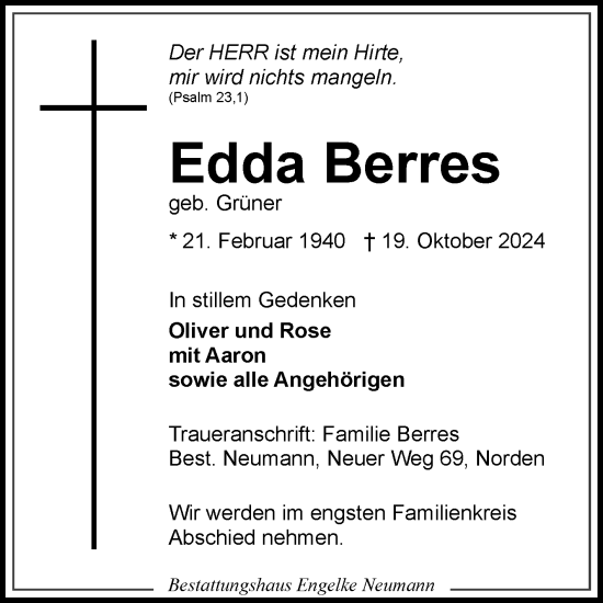 Traueranzeige von Edda Berres von Ostfriesischer Kurier