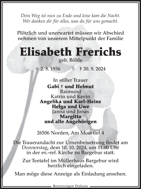 Traueranzeige von Elisabeth Frerichs von Ostfriesischer Kurier