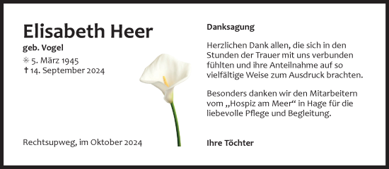 Traueranzeige von Elisabeth Heer von Ostfriesischer Kurier