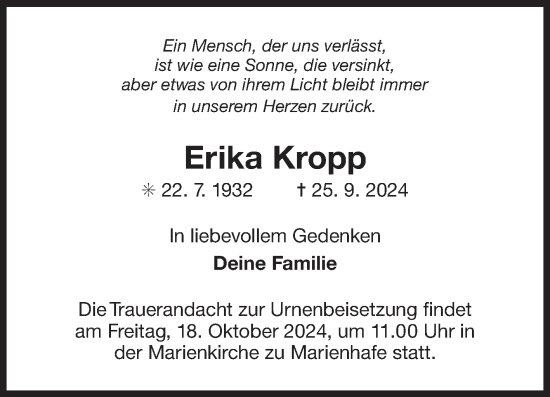 Traueranzeige von Erika Kropp von Ostfriesischer Kurier
