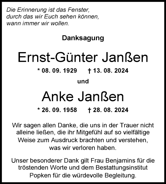 Traueranzeige von Ernst-Günter und Anke Janßen von Ostfriesischer Kurier