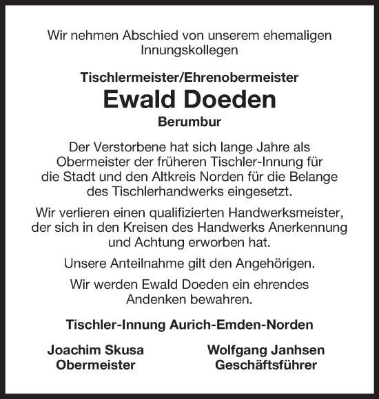 Traueranzeige von Ewald Doeden von Ostfrisischer Kurier