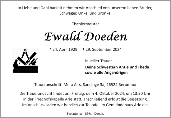 Traueranzeige von Ewald Doeden von Ostfriesischer Kurier