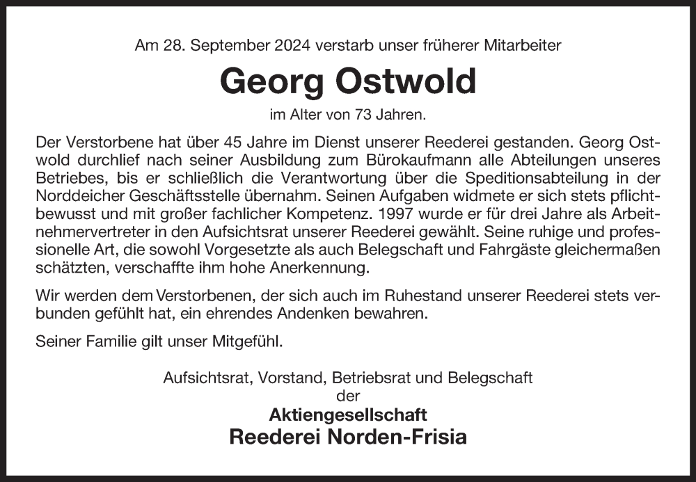  Traueranzeige für Georg Ostwold vom 01.10.2024 aus Ostfriesischer Kurier