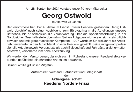 Traueranzeige von Georg Ostwold von Ostfriesischer Kurier