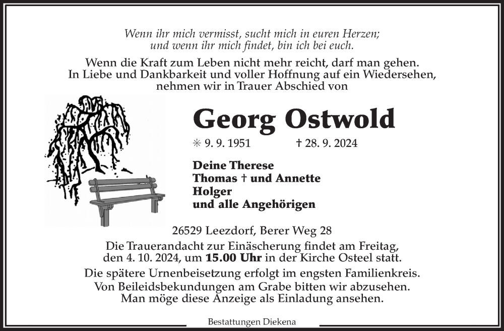  Traueranzeige für Georg Ostwold vom 01.10.2024 aus Ostfriesischer Kurier
