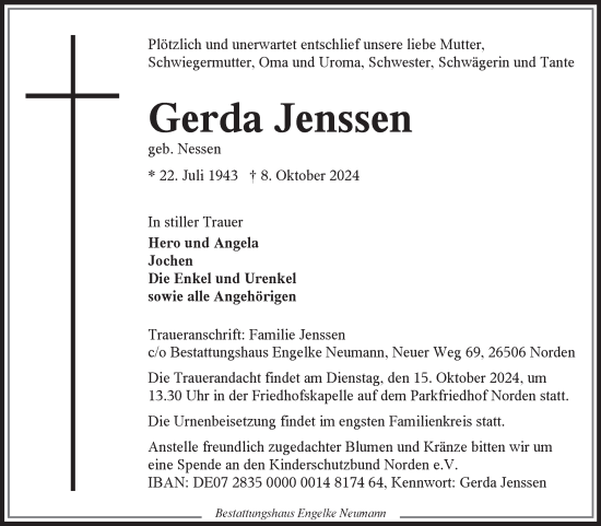 Traueranzeige von Gerda Jenssen von Ostfriesischer Kurier