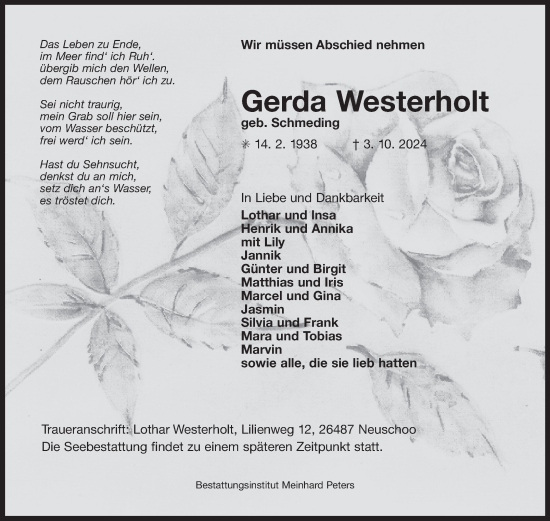 Traueranzeige von Gerda Westerholt von Ostfriesischer Kurier