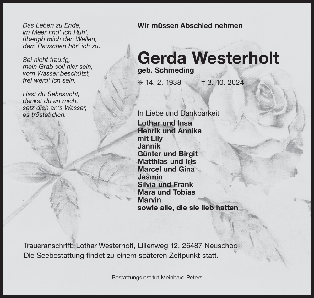  Traueranzeige für Gerda Westerholt vom 09.10.2024 aus Ostfriesischer Kurier