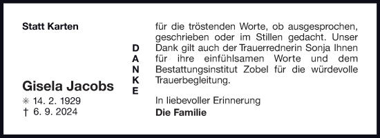 Traueranzeige von Gisela Jacobs von Ostfriesischer Kurier