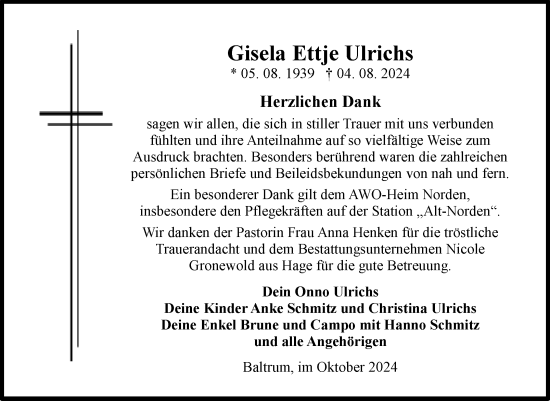 Traueranzeige von Gisela Ettje Ulrichs von Ostfriesischer Kurier