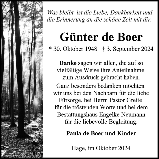 Traueranzeige von Günter de Boer von Ostfriesischer Kurier