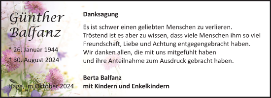 Traueranzeige von Günther Balfanz von Ostfriesischer Kurier