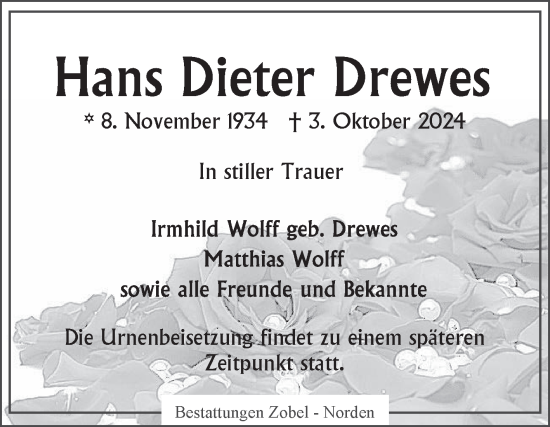 Traueranzeige von Hans Dieter Drewes von Ostfriesischer Kurier