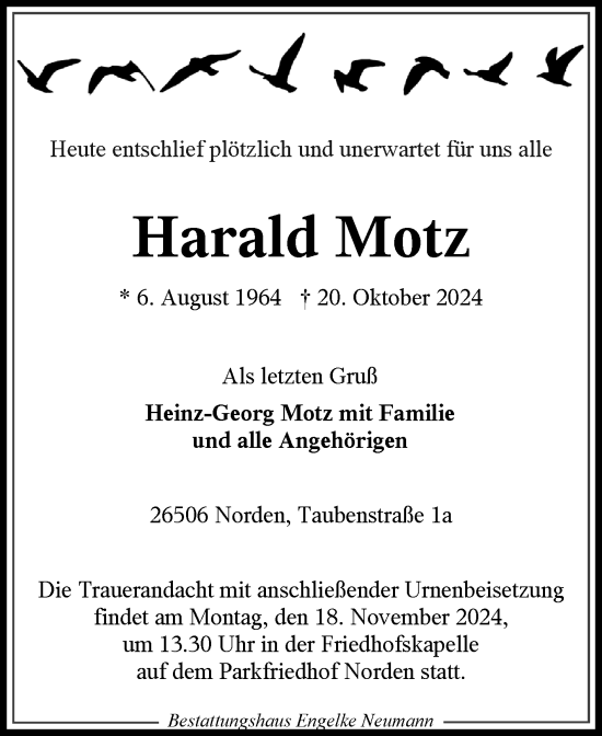 Traueranzeige von Harald Motz von Ostfriesischer Kurier