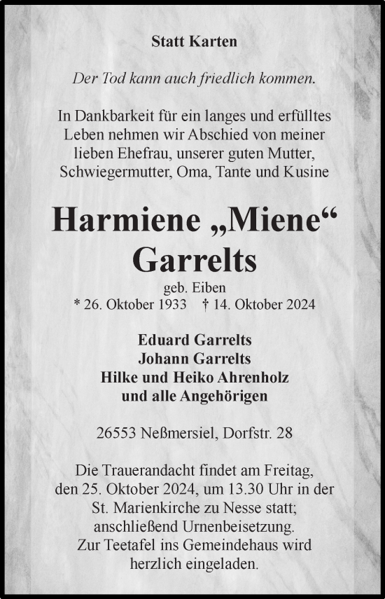 Traueranzeige von Harmiene Garrelts von Ostfriesischer Kurier