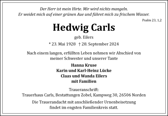 Traueranzeige von Hedwig Carls von Ostfriesischer Kurier