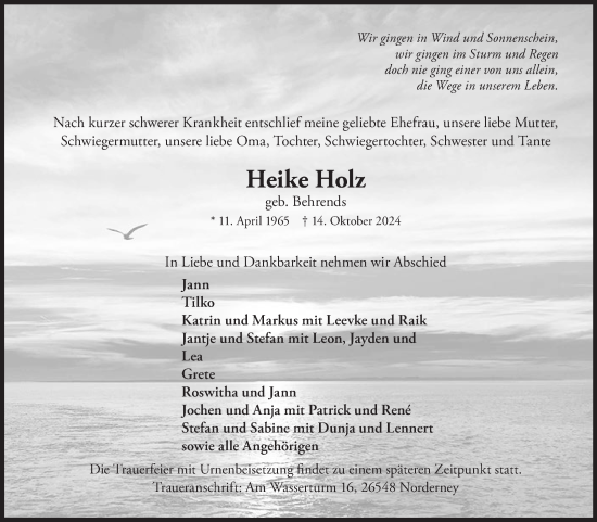 Traueranzeige von Heike Holz von Ostfriesischer Kurier