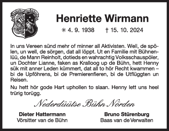 Traueranzeige von Henriette Wirmann von Ostfriesischer Kurier