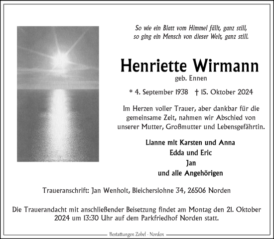 Traueranzeige von Henriette Wirmann von Ostfriesischer Kurier